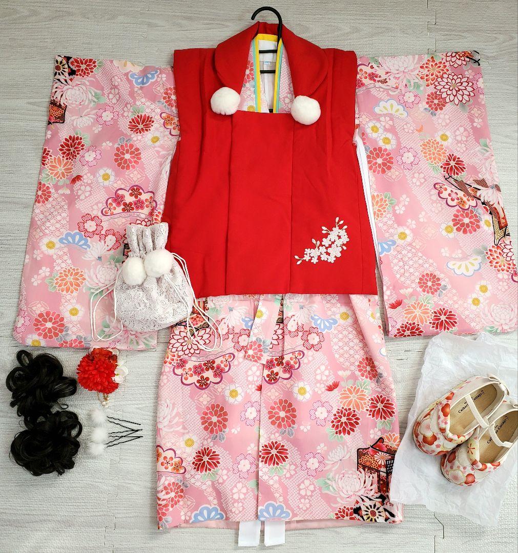 七五三フルセット　七五三被布着物、ヘアアクセサリー4点、付け毛、履物、100cm