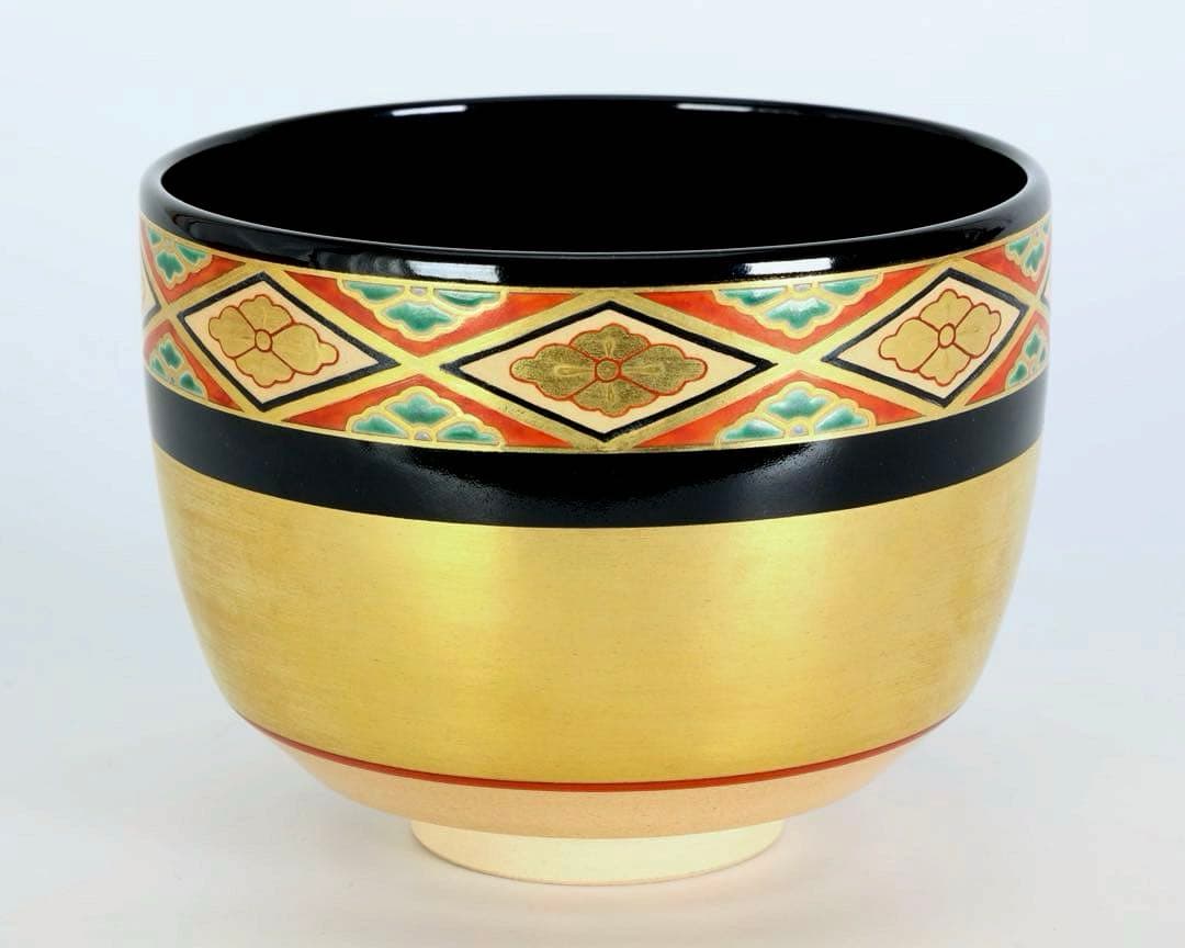 高橋道八 仁清写 色絵花菱之図茶碗 共布 共箱付 京焼 茶道具 抹茶碗 古美術品