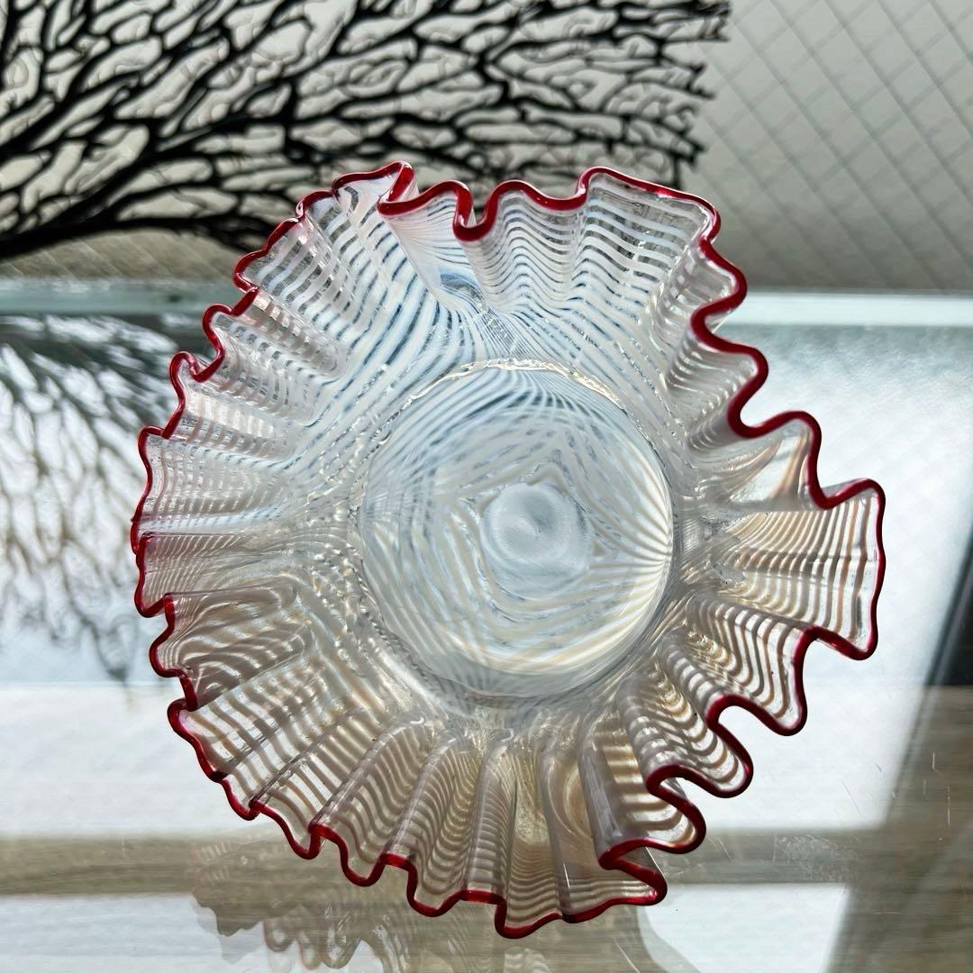 骨董　時代ガラス　超希少　金赤フチ　掻き揚げ模様　菓子器　氷鉢　ウランガラス