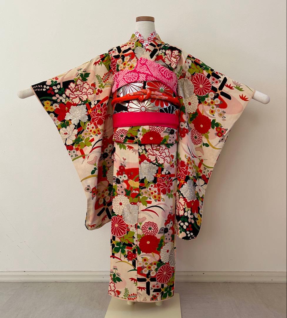 7歳七五三　ハーフ成人式 アンティーク正絹着物、帯揚げ、帯締め　しごき