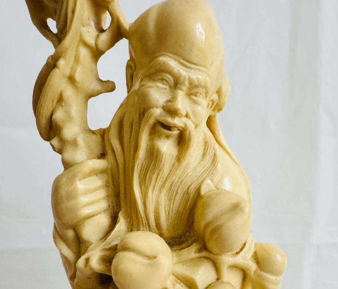 アンティーク調 樹脂製 彫刻 仙人像 寿老人 鶴 子供 桃 縁起物 インテリア