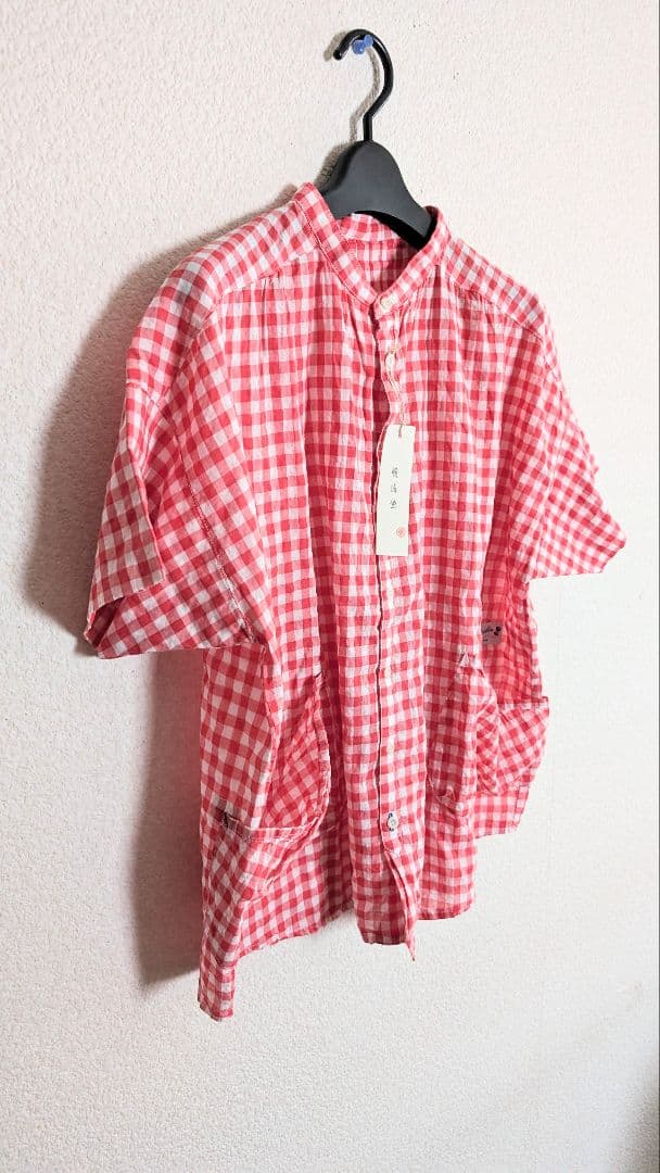 〘新品/未使用〙快晴堂　ギンガムチェック　半袖スタンドカラーシャツ　日本製