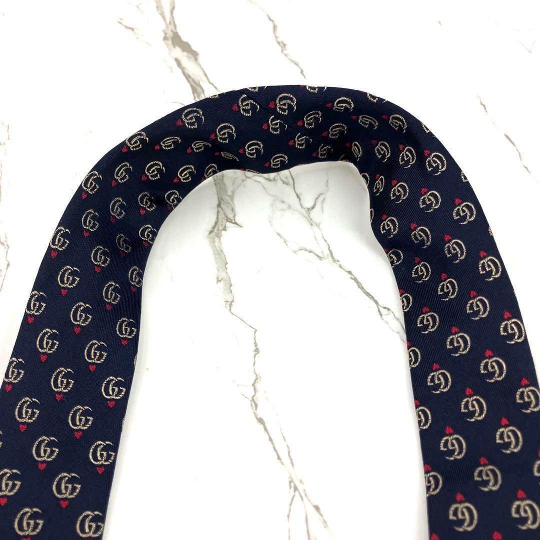 現行　グッチ　ネクタイ　GGマーモント　ダブルG ハート　ネイビー