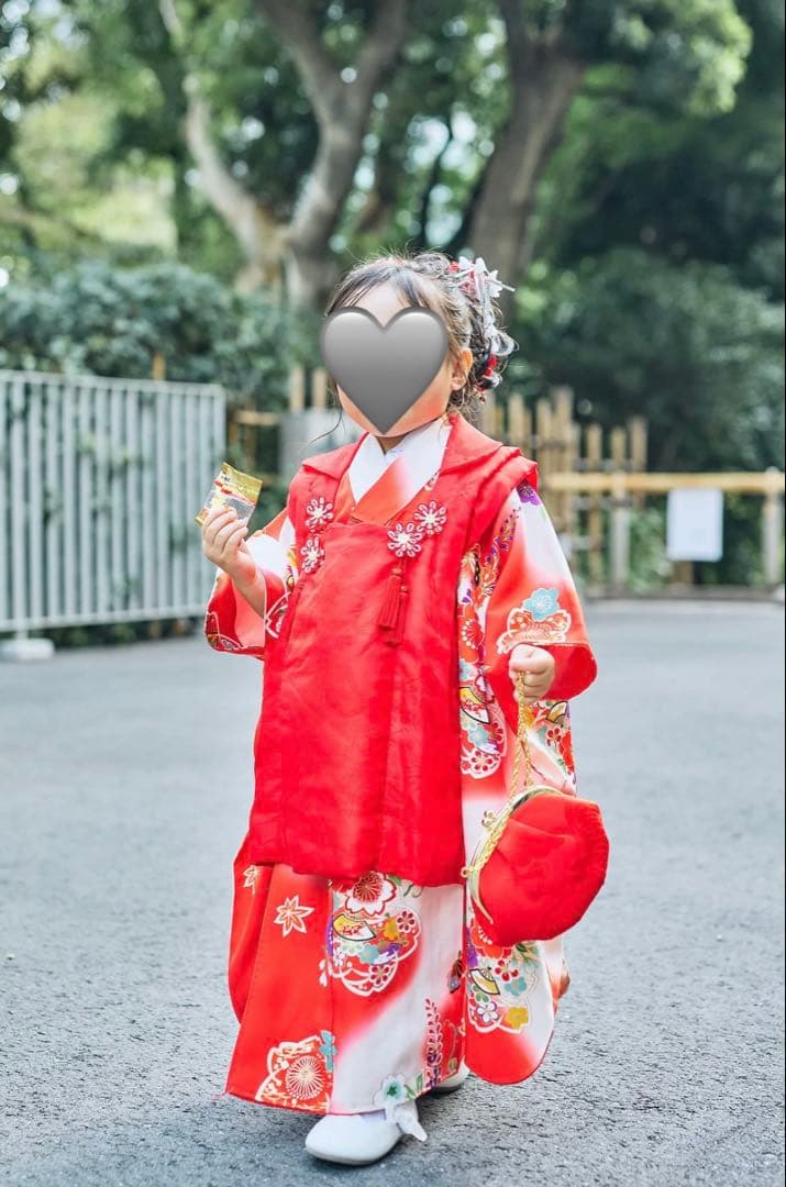 美品　クリーニング済　七五三　3歳〜5歳前後　正絹赤色被布と正絹お着物セット