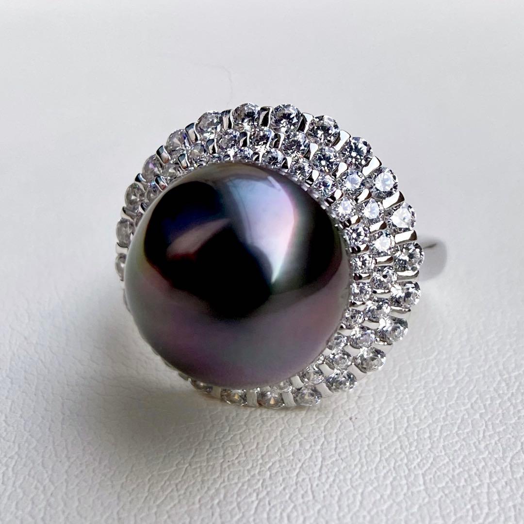 本真珠南洋黒蝶真珠　黒紫12.1㍉大玉s925リングY1042