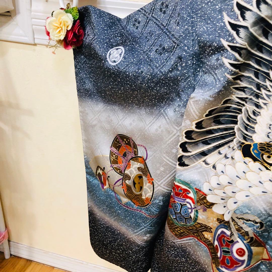七五三 五歳‼️キッズモデル撮影一回美品淡い青系に鷹柄‼️ラメ暈し 完全フルセット‼️