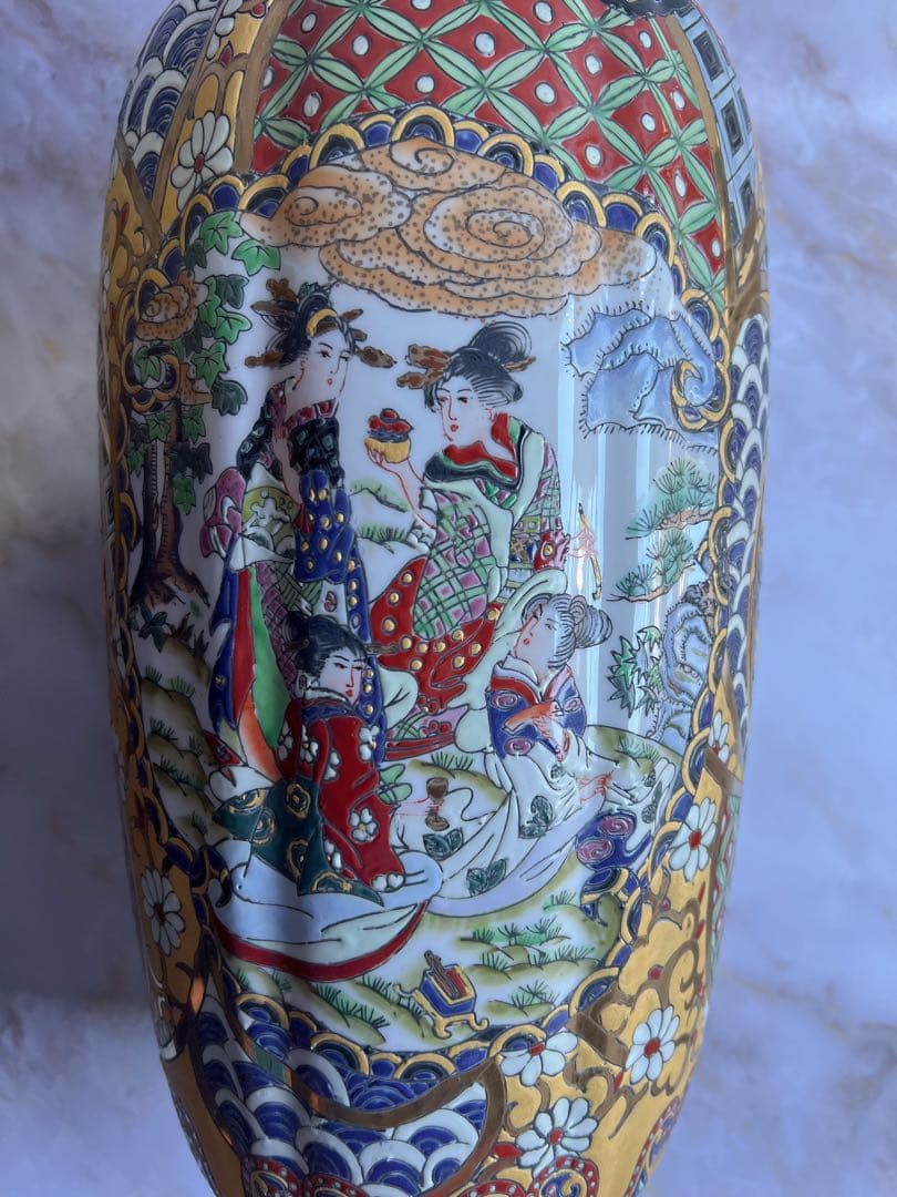 アンティーク　花入　伊万里焼 花瓶　骨董 吉國作 金彩　大壺 細密色絵　花器