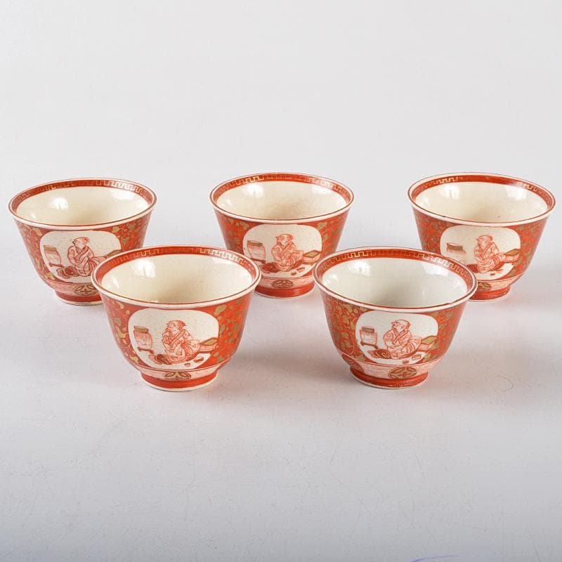 九谷焼　古九谷焼　赤絵金彩　山水人物花文　煎茶碗　五客　時代箱付　F　R5469