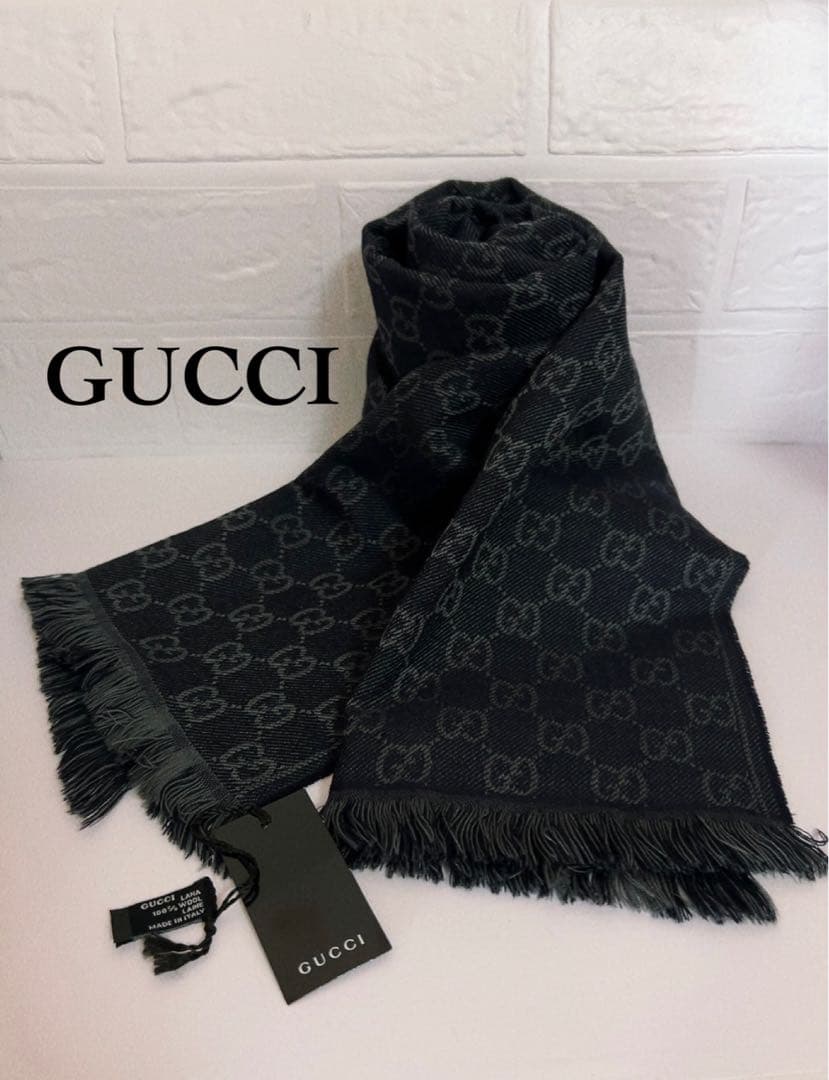 グッチ　GUCCI マフラー　GGマーク　ブラック×グレー