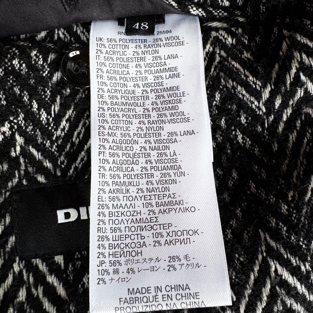 DIESEL ヘリンボーン ロングコート フリンジ加工 48 黒白