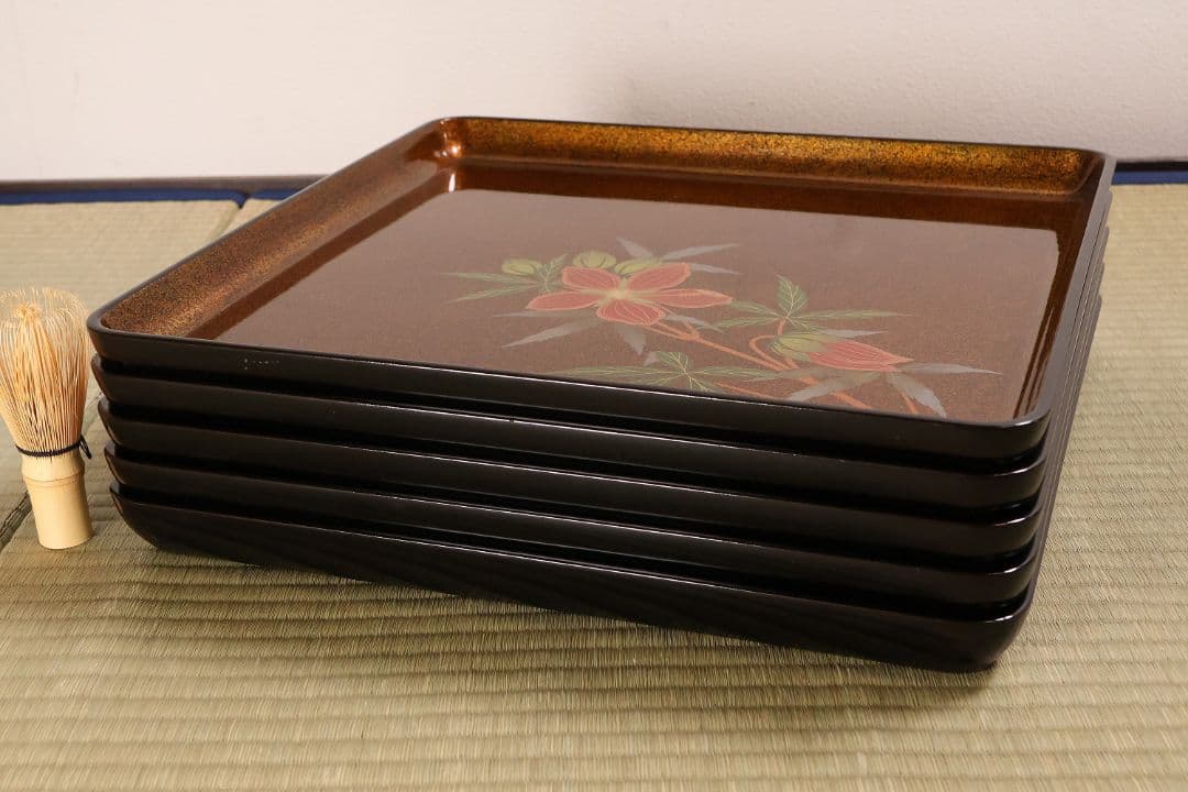 輪島塗 木製 花の蒔絵 梨地 四方膳 五客 芙蓉 木槿 卓上 茶懐石【CM187