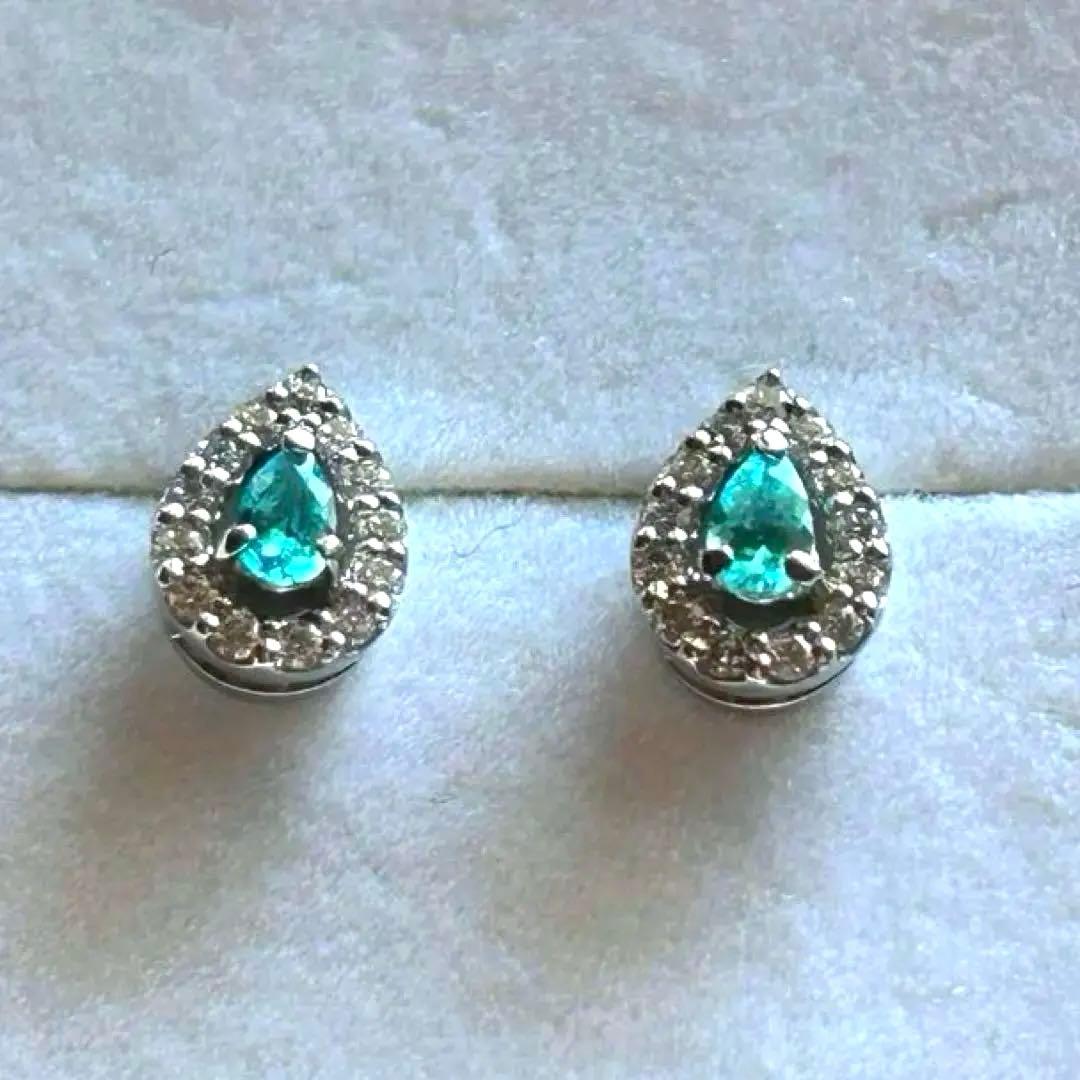 鑑別付 天然パライバトルマリン ピアス Pt ダイヤ 雫 ペアシェイプ 試着のみ