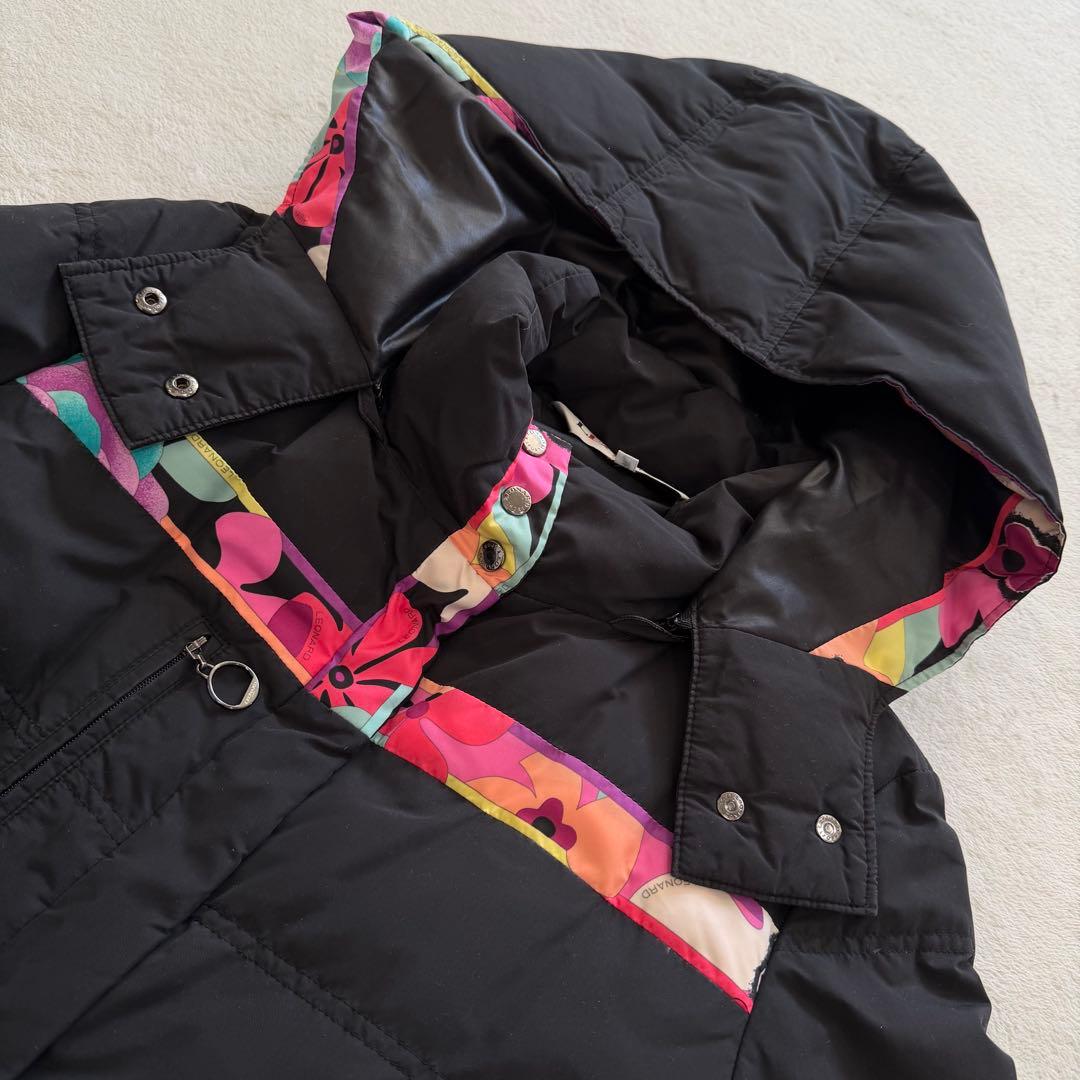 レオナール　ダウンコート　フェザー　フード　ロゴ刻印ボタン　日本製　ブラック　M