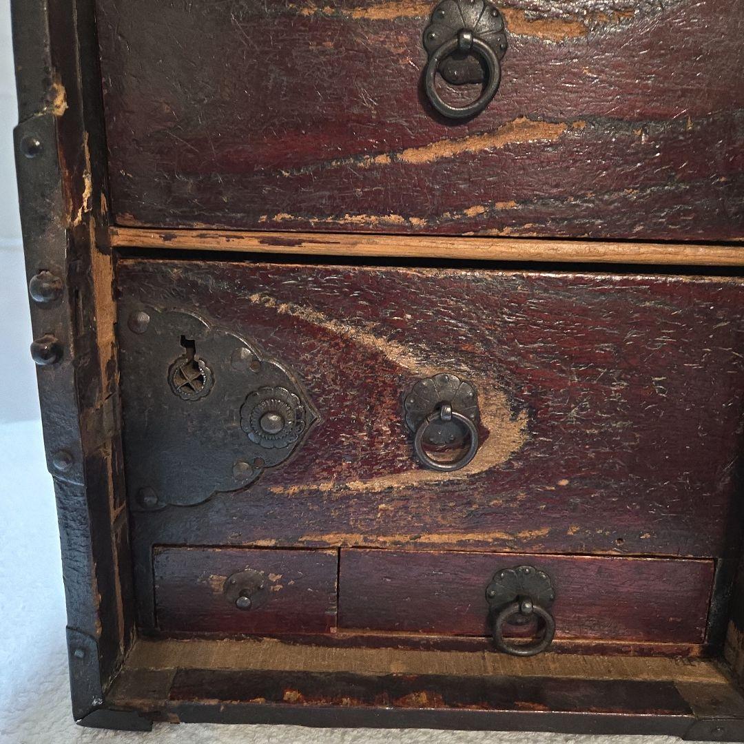 金唐革紙貼手持箪笥　鍵付　時代箪笥　古民具　銭函　銭箱　千両箱　船箪笥　金庫