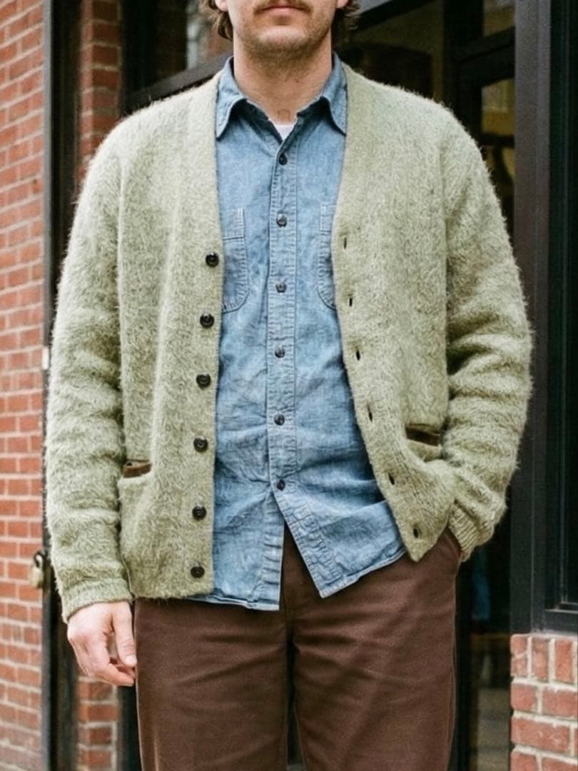 【60〜70s】ヴィンテージ モヘア混ウールカーディガン オリーブカラー