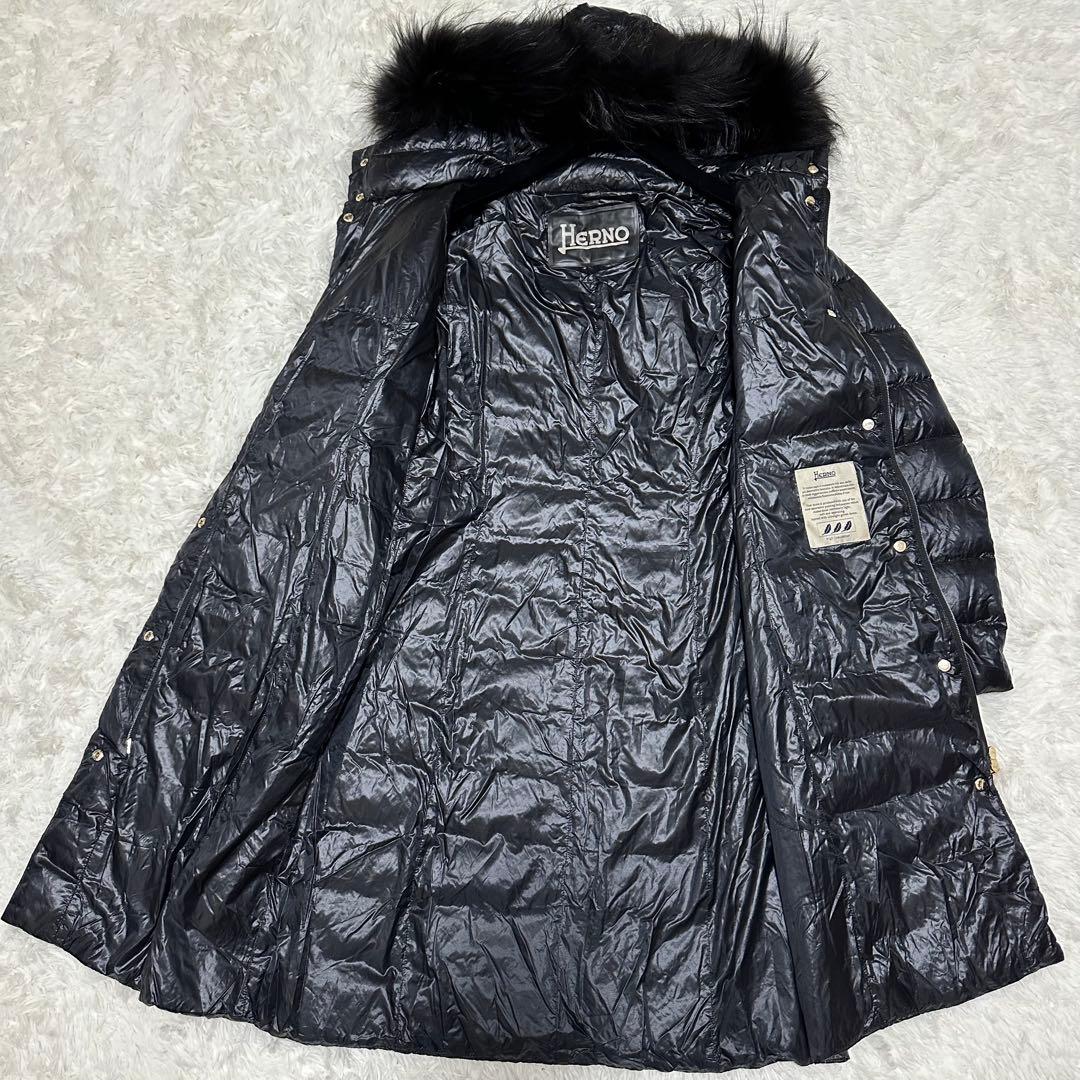 HERNO ダウンコート　ヘルノ　ブラック　タヌキファー　Aライン　ロング丈