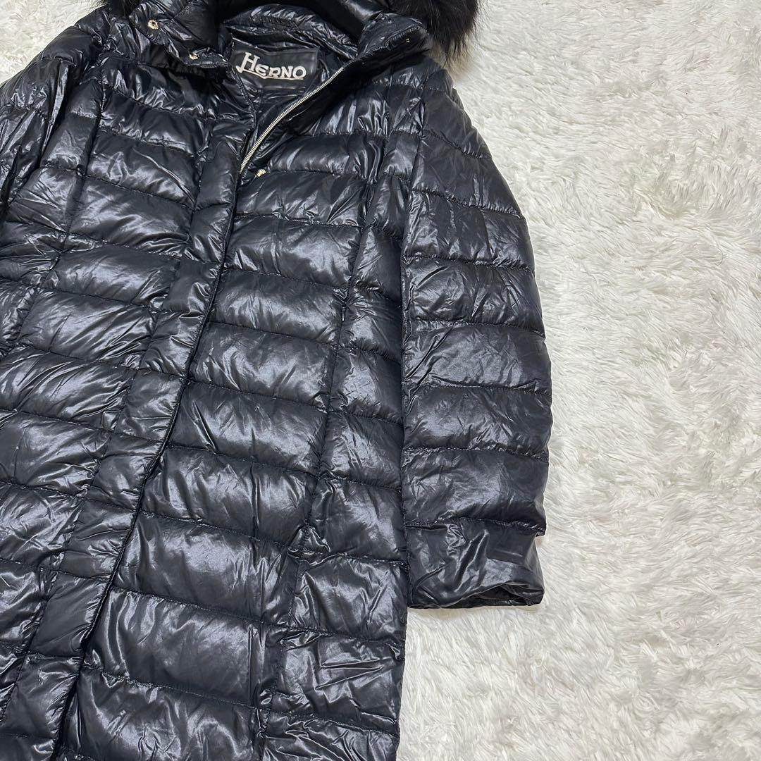 HERNO ダウンコート　ヘルノ　ブラック　タヌキファー　Aライン　ロング丈