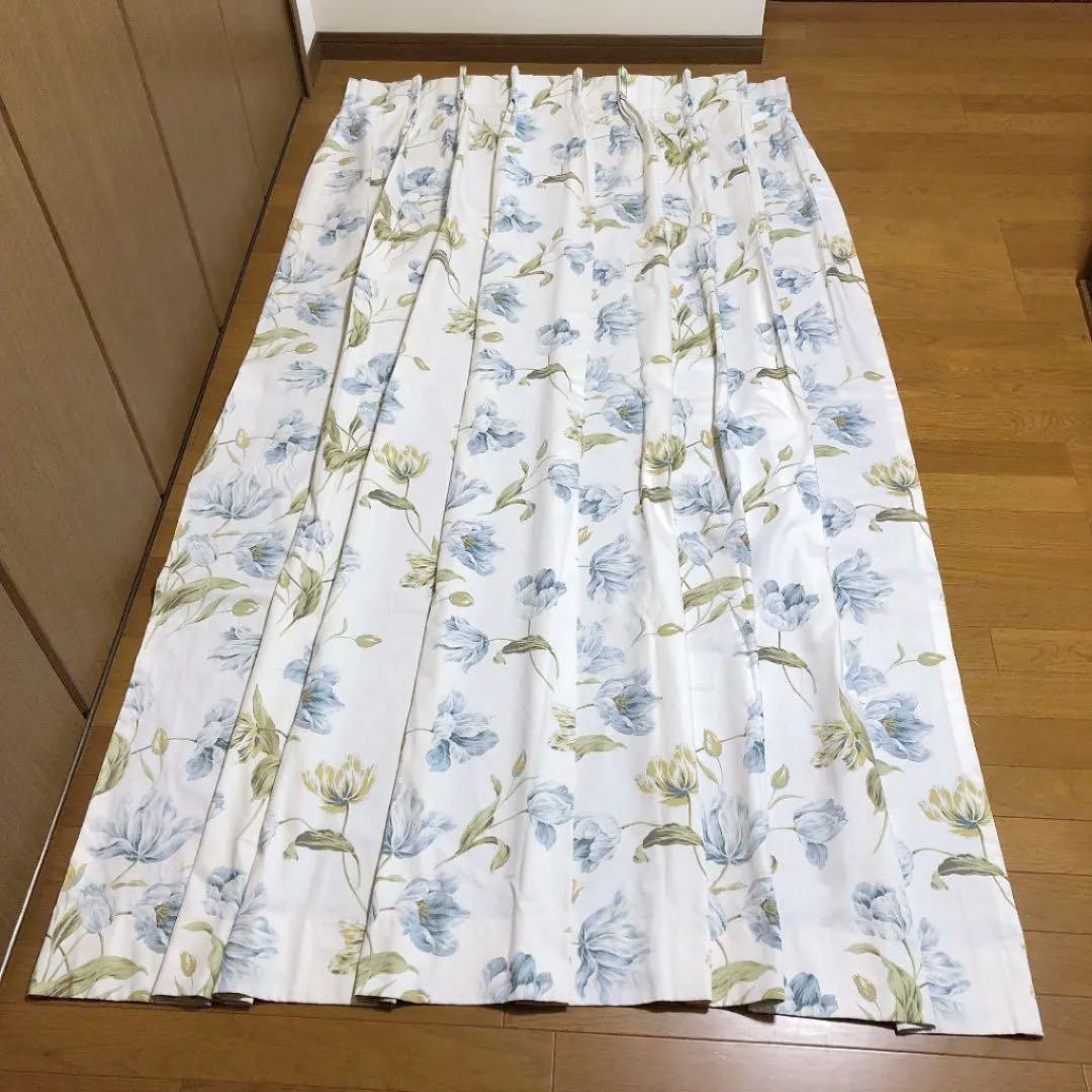 ①　大塚家具オーダーカーテン　ホワイト　ブルー　花柄　100 ×205　2枚