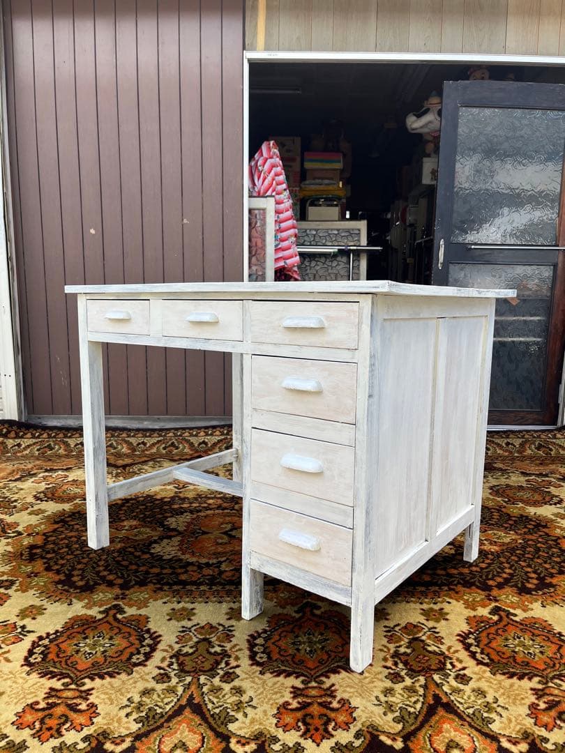 勉強机 学習机 デスク 事務机 昭和レトロ 当時物 インテリア 古道具 白