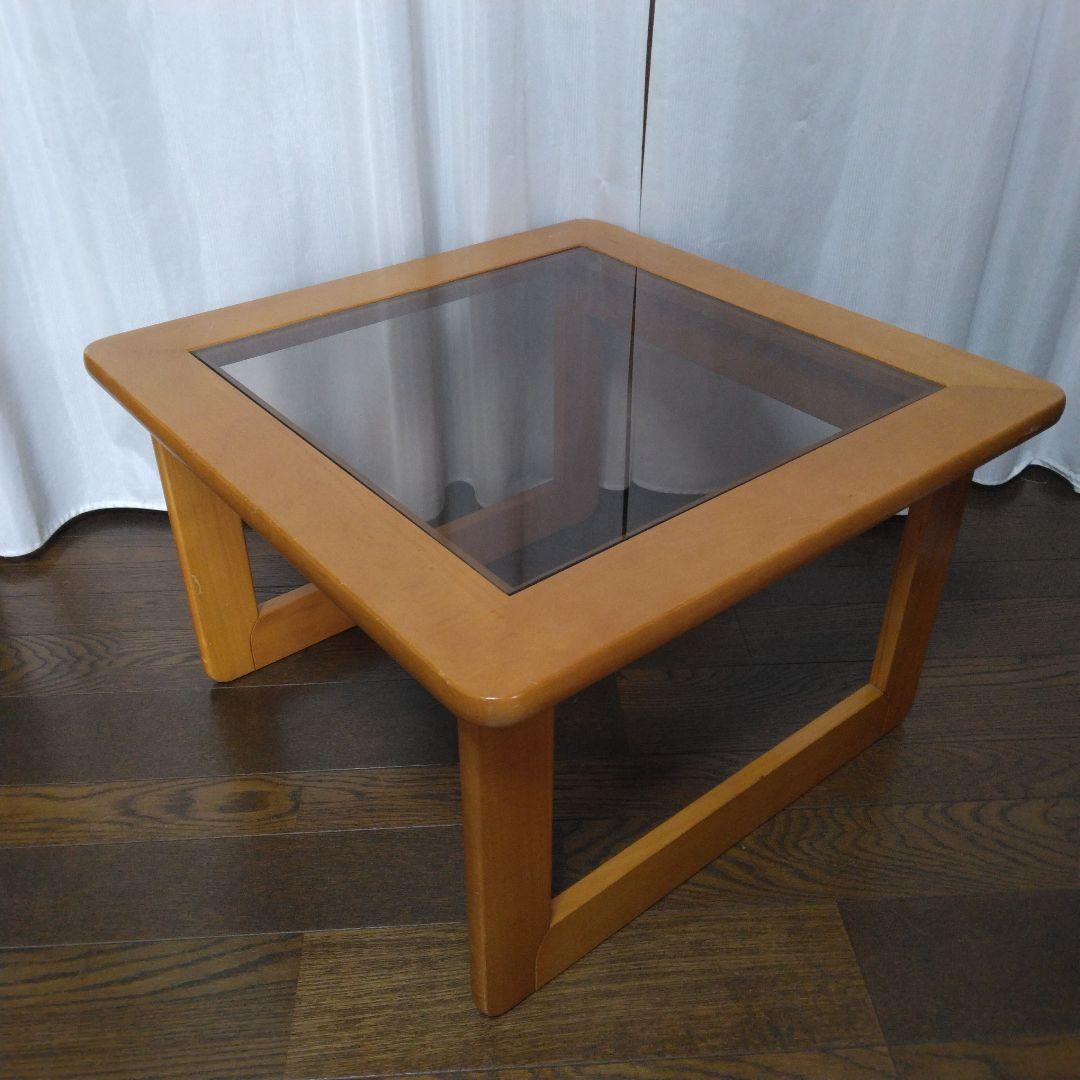【美品】　ガラス天板　木製ローテーブル　サイドテーブル　木製脚 　珈琲テーブル