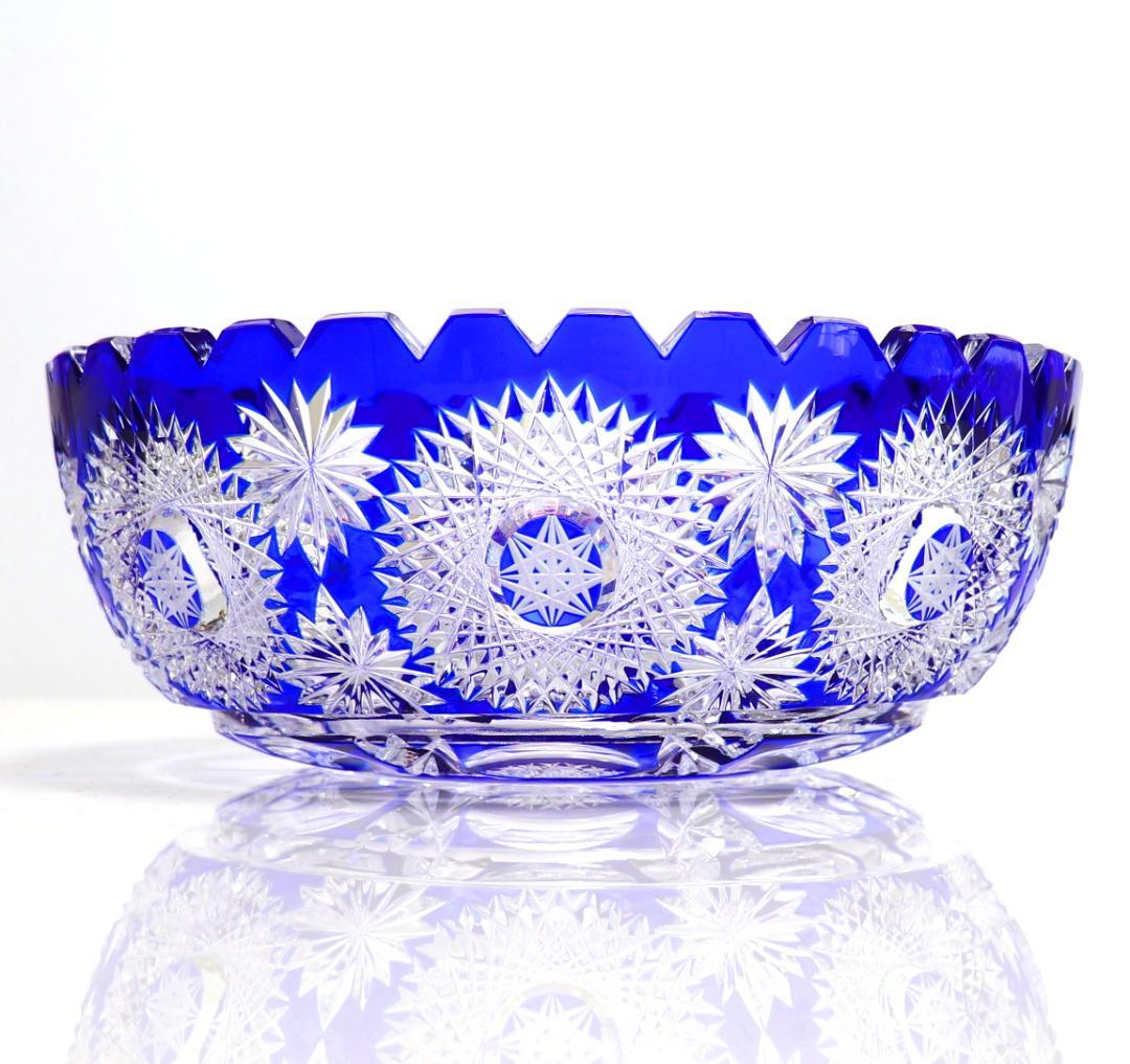 オールド・バカラ 1890年 大型 1.4kg 青色被せ 切子鉢 アートピース