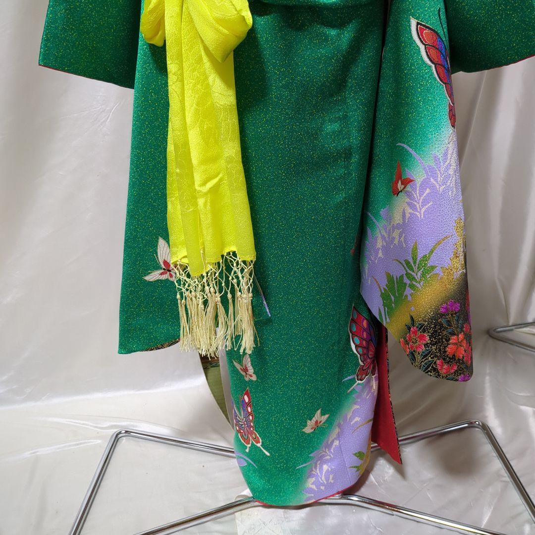 七五三７歳用 緑色着物 金通し　勝山かんざしセット付き