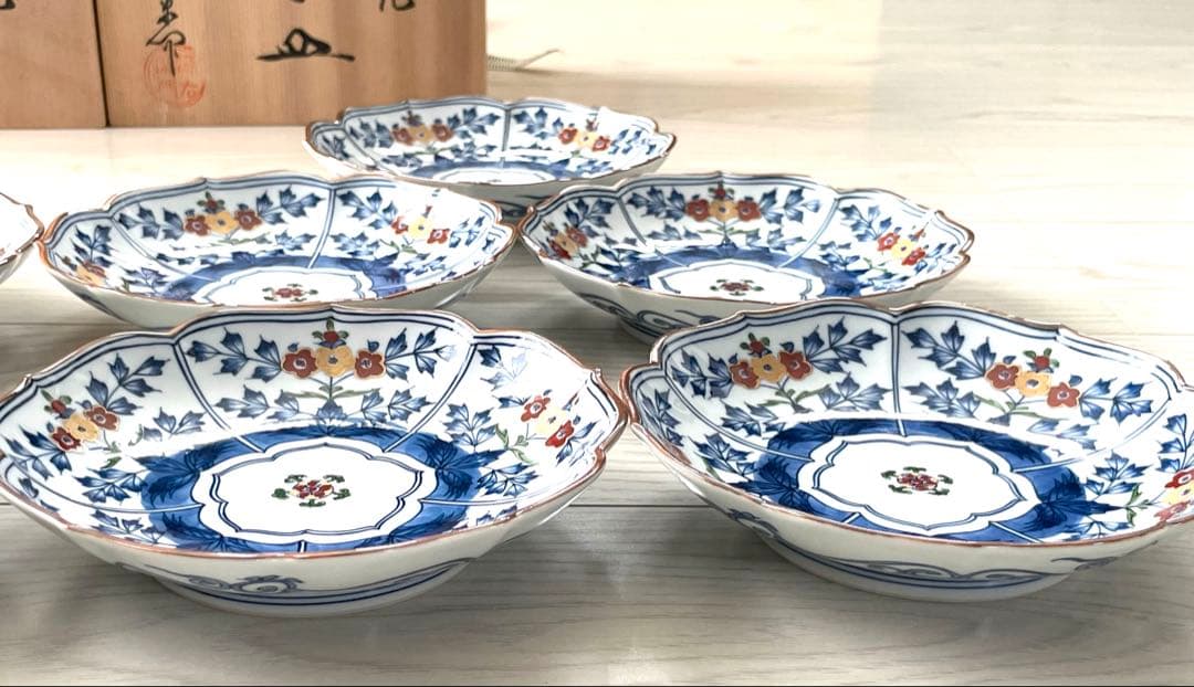 源右衛門 染錦草花文 和菓子皿 是米木窯 10客　染付　共箱