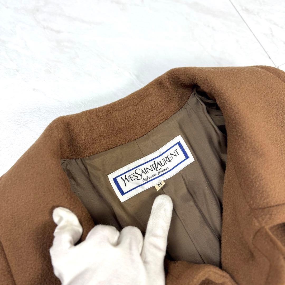 美品 イヴサンローラン 丸襟 ウール ロングコート ブラウン M