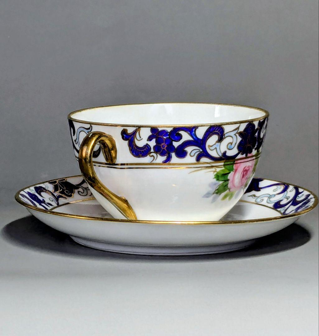 オールドノリタケ銘品!! 金彩藍帯薔薇図紋　キャビネットカップ＆ソーサー
