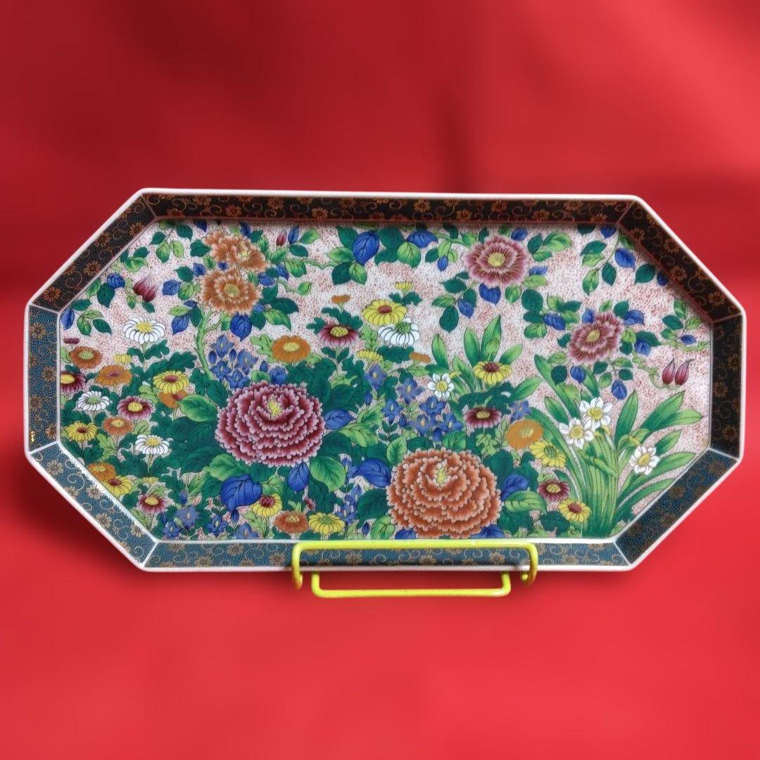 九谷焼　正峰窯　八角皿　色絵　飾り皿　隅切り長角皿　青粒鉄仙　金彩　大皿