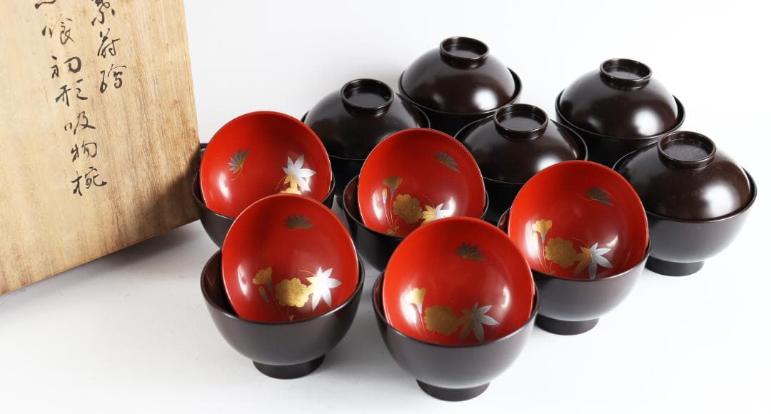 平安 象彦 花蒔絵 黒喰吸物椀 十客