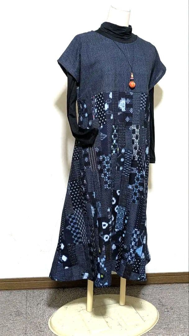 久留米絣　書生絣　藍染古布着物リメイクロングワンピース　A 15