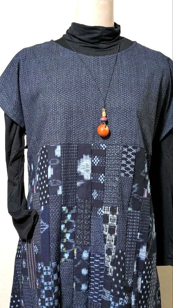 久留米絣　書生絣　藍染古布着物リメイクロングワンピース　A 15