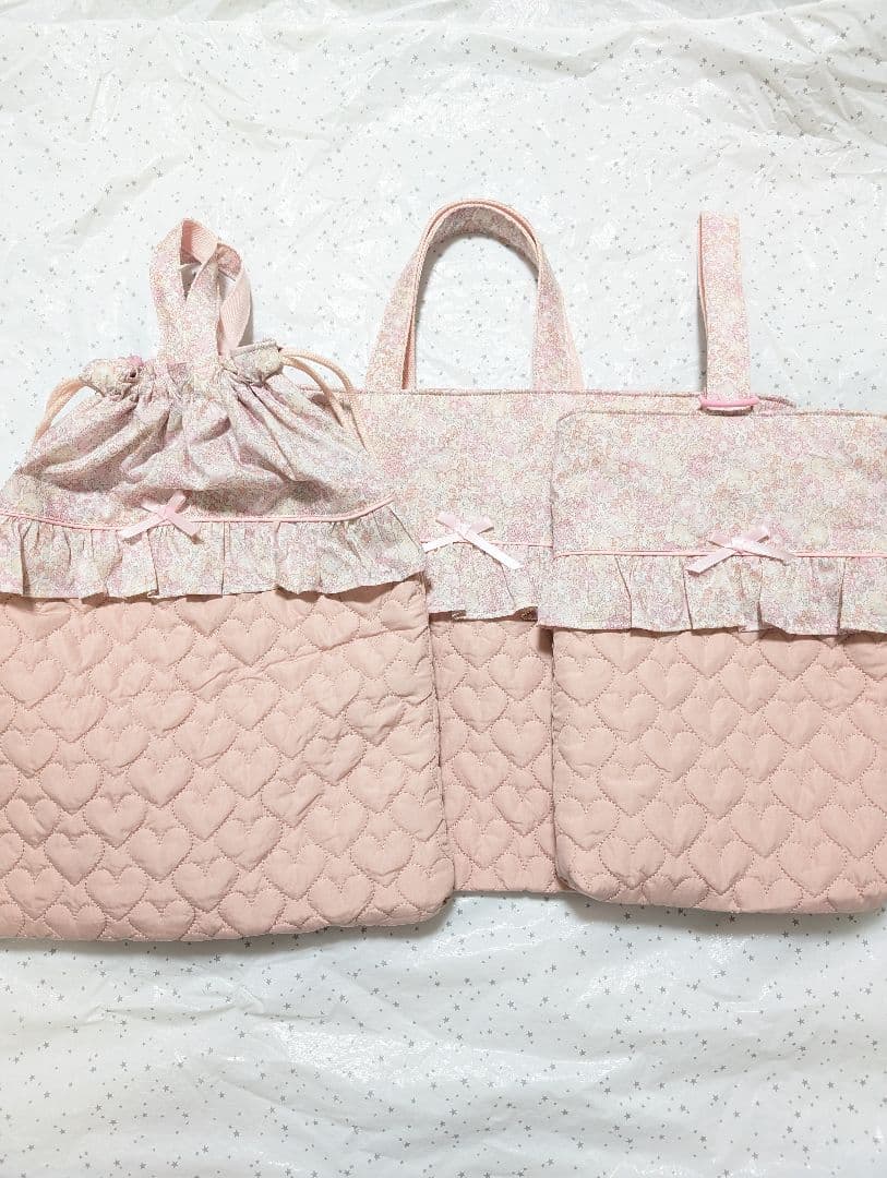 リバティ　キラキラミシェル×ハートキルト　レッスンバッグ上履き入れ体操服袋