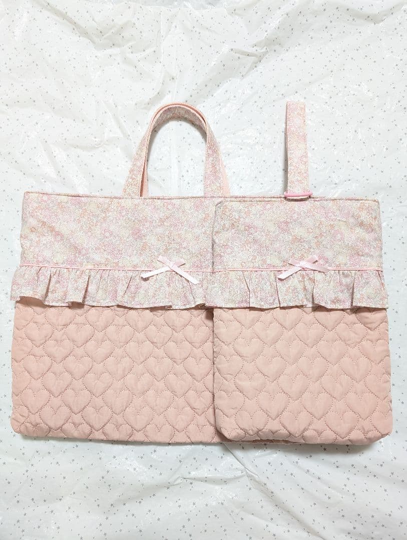 リバティ　キラキラミシェル×ハートキルト　レッスンバッグ上履き入れ体操服袋