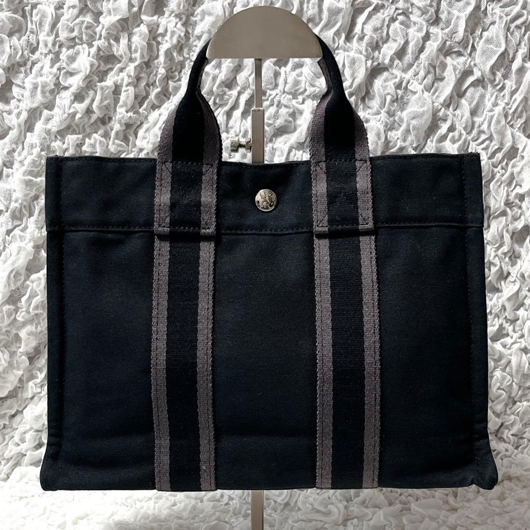 美品✨フールトゥPM エルメス　トートバッグ　キャンバス　黒　ストライプ