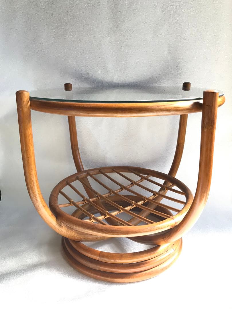 ラタン 天板ガラステーブル 古家具 センターテーブル 台湾製 ヴィンテージ