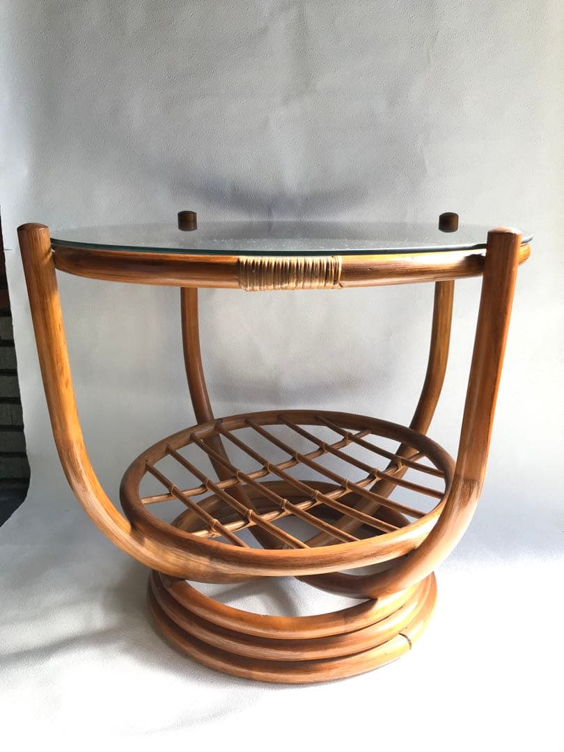 ラタン 天板ガラステーブル 古家具 センターテーブル 台湾製 ヴィンテージ