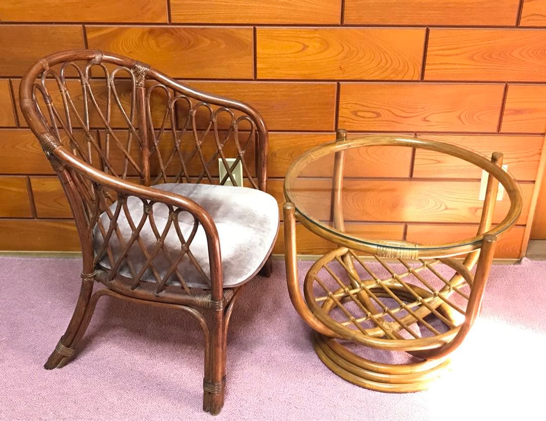 ラタン 天板ガラステーブル 古家具 センターテーブル 台湾製 ヴィンテージ