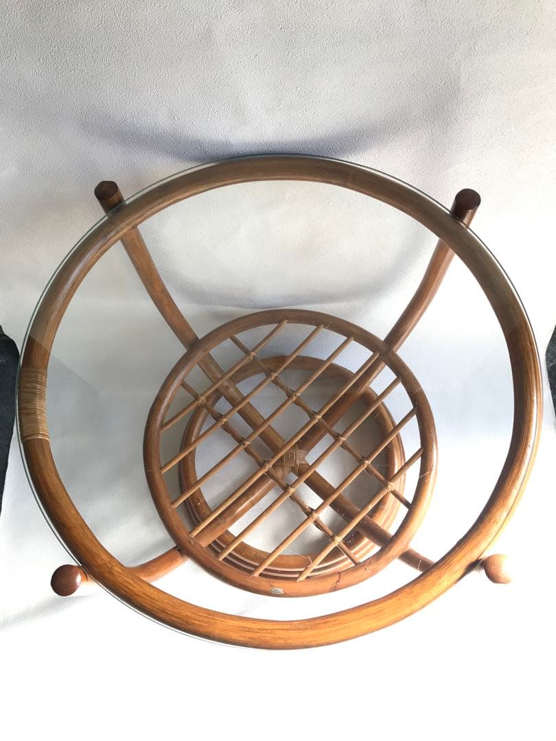 ラタン 天板ガラステーブル 古家具 センターテーブル 台湾製 ヴィンテージ