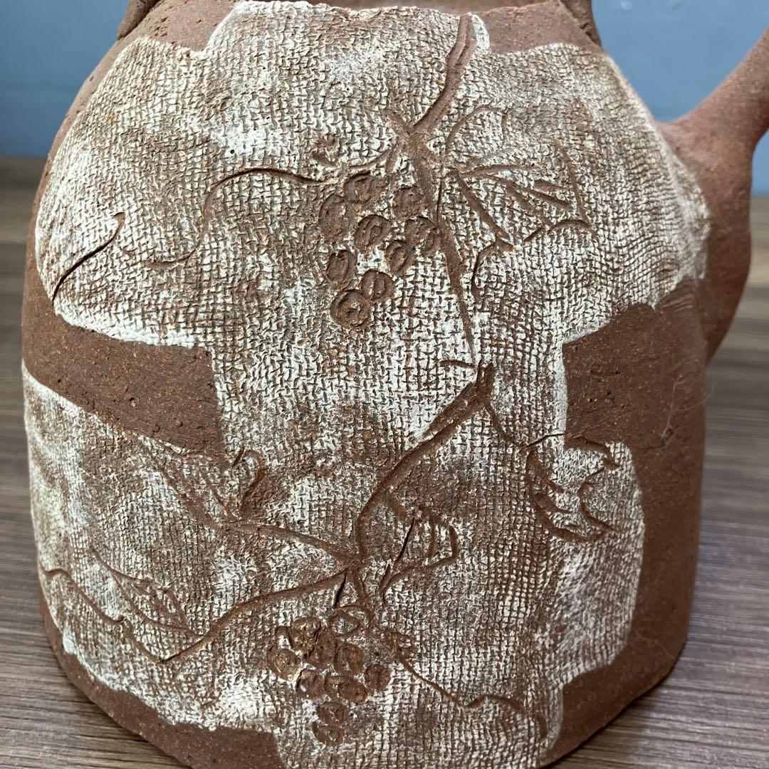 3F 土瓶 急須 持ち手付き 陶器 焼き物 和食器 葡萄柄 素焼き風 レトロ