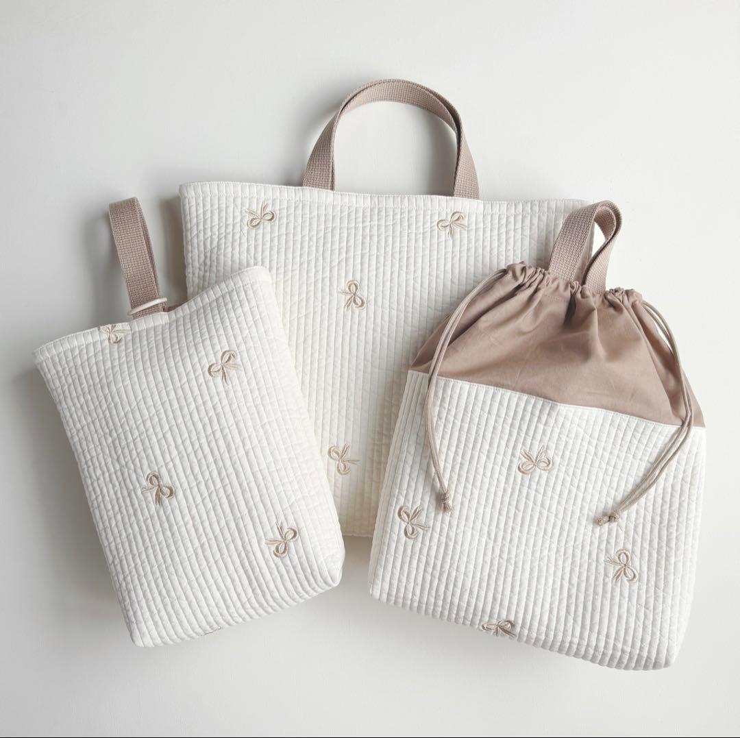 リボン刺繍　ヌビ　入園入学　3点セット　女の子　リボン　ゴールド　ブラウン　モカ