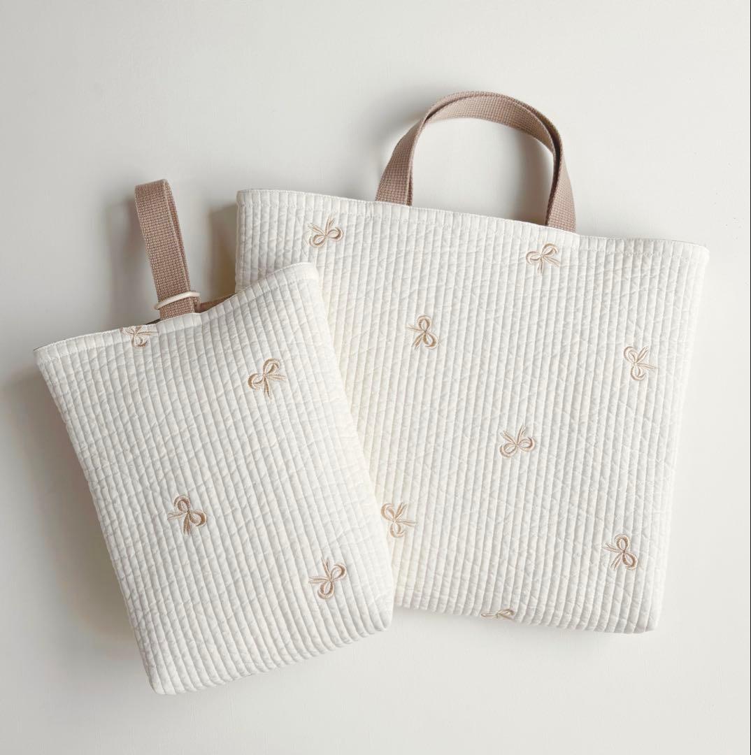 リボン刺繍　ヌビ　入園入学　3点セット　女の子　リボン　ゴールド　ブラウン　モカ