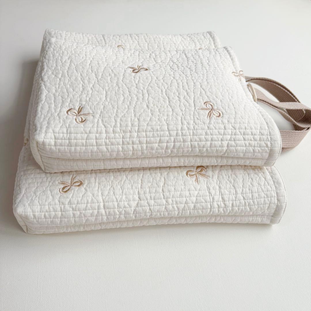 リボン刺繍　ヌビ　入園入学　3点セット　女の子　リボン　ゴールド　ブラウン　モカ