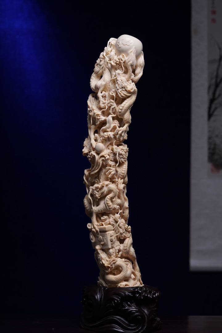 天然マンモス牙美しい手作り彫刻至尊九龍戯珠 置物