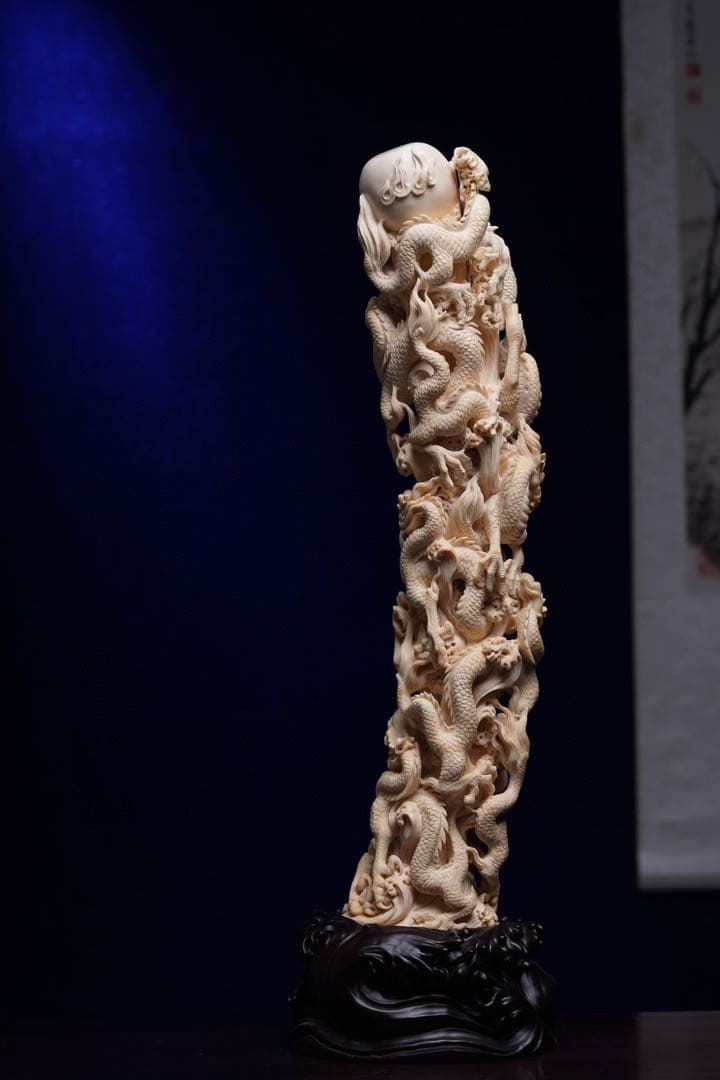 天然マンモス牙美しい手作り彫刻至尊九龍戯珠 置物