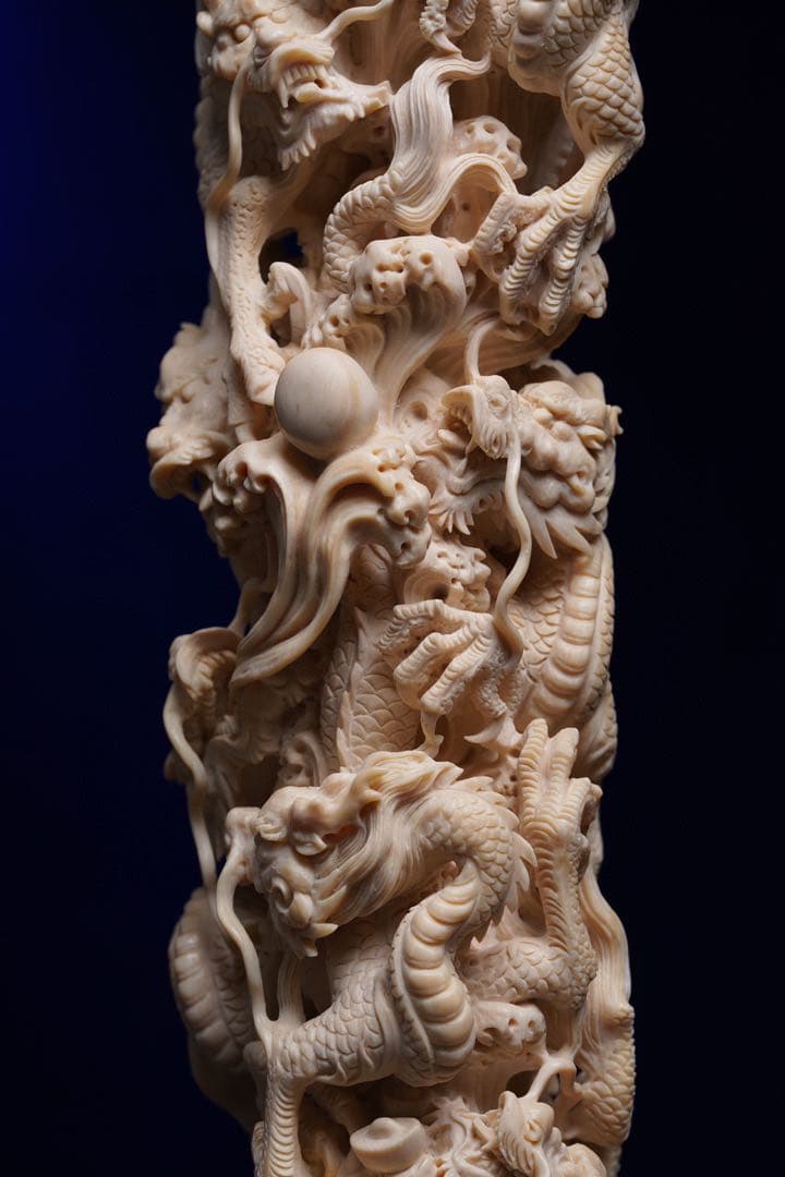 天然マンモス牙美しい手作り彫刻至尊九龍戯珠 置物