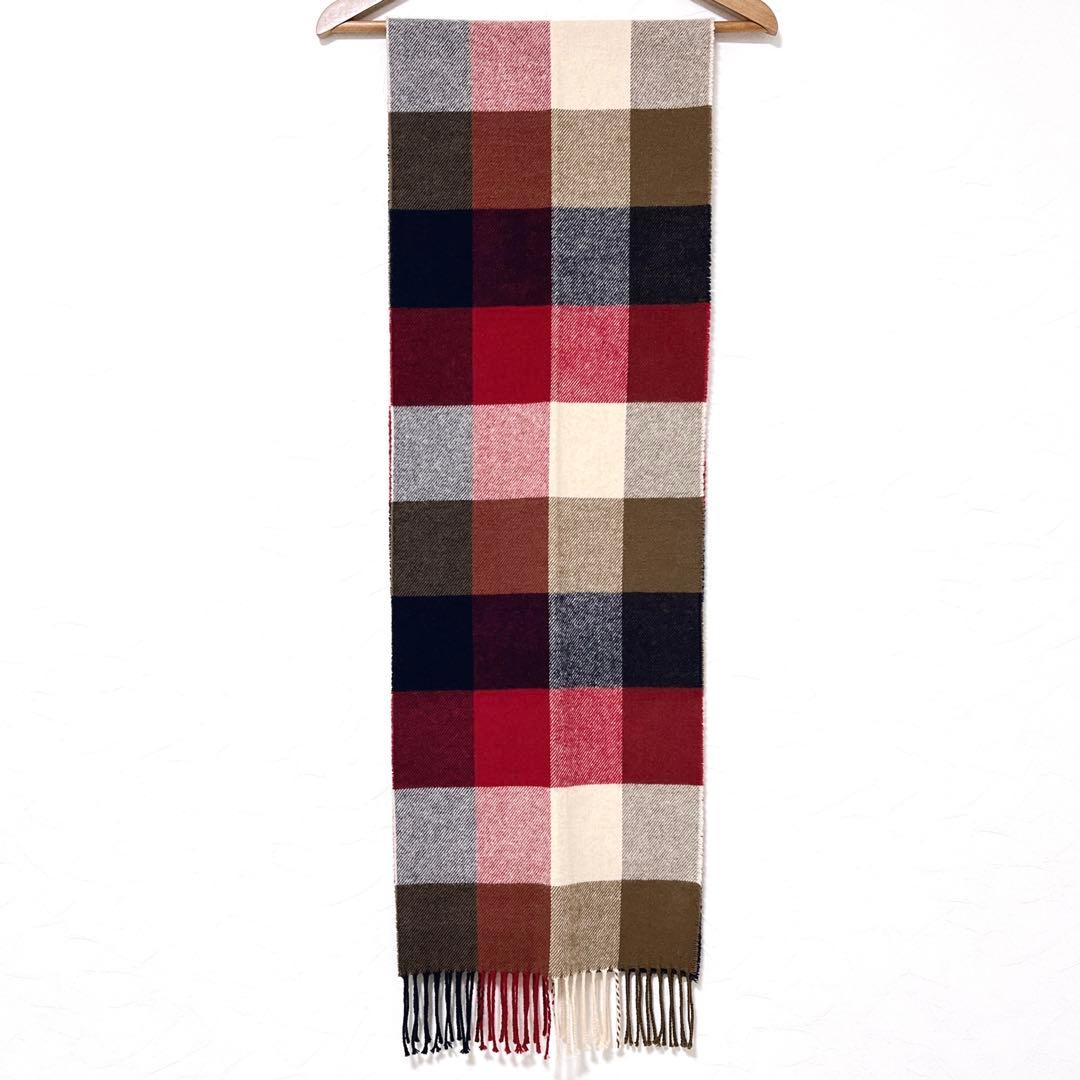 ジョンストンズ【美品】カシミヤ混 ブロックチェックマフラー グリーンレーベル別注