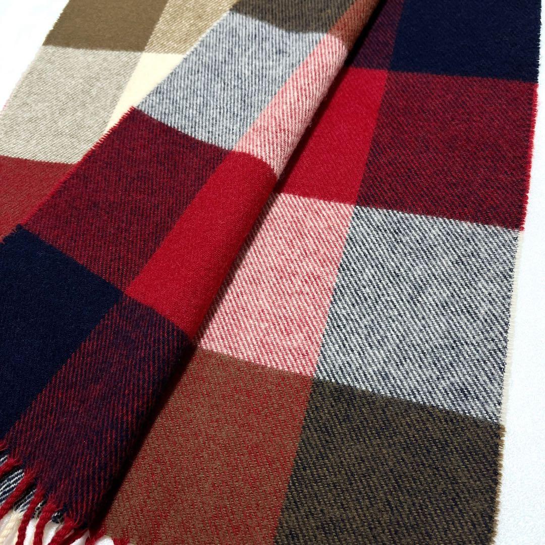 ジョンストンズ【美品】カシミヤ混 ブロックチェックマフラー グリーンレーベル別注