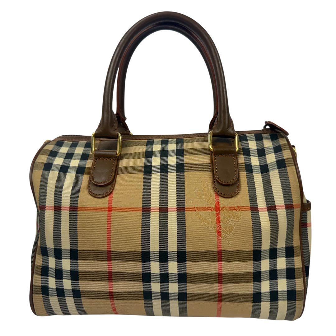 【美品】バーバリー 月桂樹 ミニボストンバッグ キャンバス ノバチェック ホース